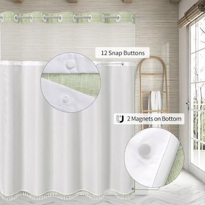 MitoVilla No Hooks Required Farmhouse Shower Curtain with Snap-in Liner - with Window & Magnets, Boho Cotton Linen Fabric Shower Curtains with Tassels for Rustic Bathroom Decor, Sage Green, 72 x 74