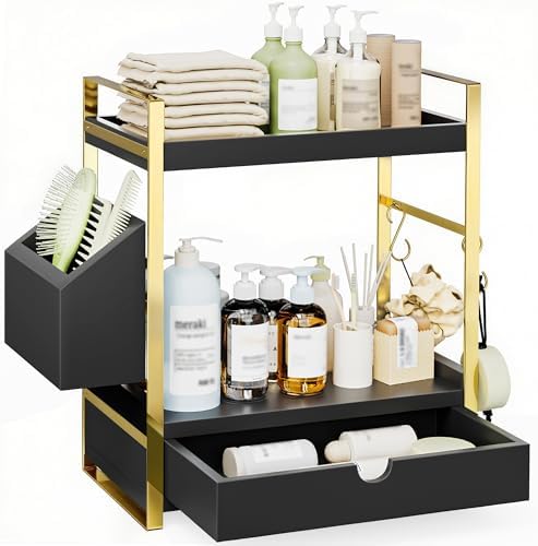 2-Tier Bathroom Counter Organizer, Wooden Vanity Shelf with Drawer & Basket