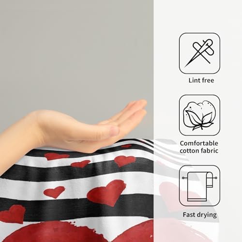 Red Love Heart Hand Towel Set of 2 for Kitchen Bathroom,Black White Stripe Valentine's Day Absorbent Towel Fingertip Face Towels 14x28 Holiday Wedding Anniversary Decor