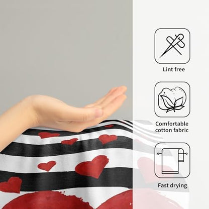 Red Love Heart Hand Towel Set of 2 for Kitchen Bathroom,Black White Stripe Valentine's Day Absorbent Towel Fingertip Face Towels 14x28 Holiday Wedding Anniversary Decor