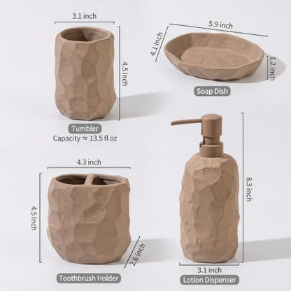 RQYIXI Ceramic Bathroom Accessories Set,Brown,4 Piece,Artisan Design