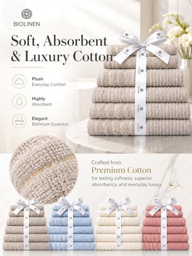 BIOLINEN Sky 6 Piece Towel Set, 2 Bath Towels 2 Hand Towels 2 Washcloths, 100% Cotton Soft Absorbent Towel Sets for Bathroom Home Gym Spa Travel