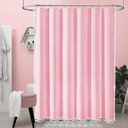 BTTN 72x96 Extra Long Boho Linen Heavy Duty Shower Curtain Set, Blush Pink