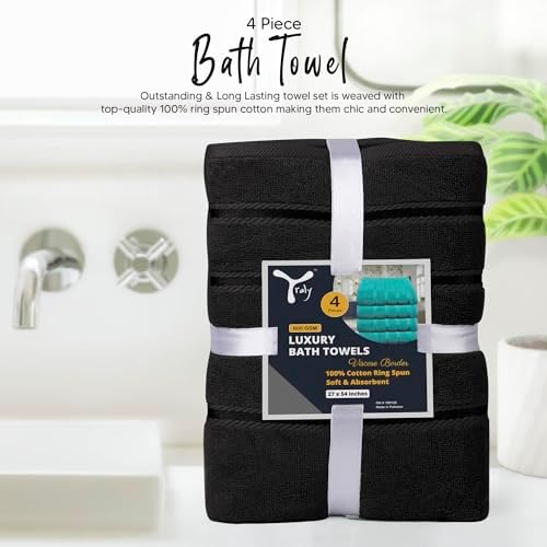 Luxury Bath Towels Set of 4, 27x54 Inches 600GSM 100% Cotton Ring Spun – Daily Use Highly Absorbent Viscose Stripe Bath Towel Sets for Bathroom, Hotel, Spa (Black)