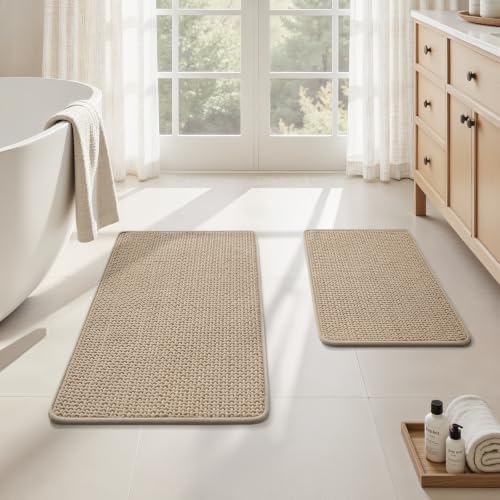 HOMEIDEAS Bathroom Rugs Set 2 Piece Thin Non Slip, Beige 17"x24"+20"x32"