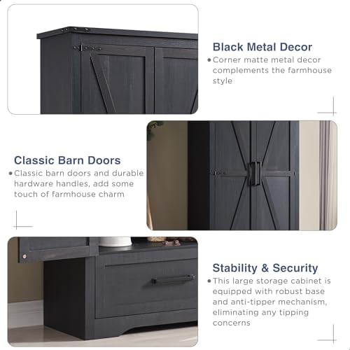Farmhouse Kitchen Pantry Cabinet - 72" Tall Wood Kitchen Storage Cabinets with Adjustable Shelves & 2 Barn Doors & Drawer, Versatile Storage for Dining Room, Bathroom, Utility Room, Antique Black