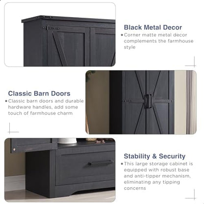 Farmhouse Kitchen Pantry Cabinet - 72" Tall Wood Kitchen Storage Cabinets with Adjustable Shelves & 2 Barn Doors & Drawer, Versatile Storage for Dining Room, Bathroom, Utility Room, Antique Black