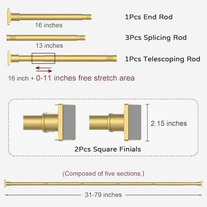 UIOSANRT Gold Shower Curtain Rod 31-79 Inches Non-Slip Shower Rod Tension Mounted No Drill Shower Curtain Rods Spring Tension Rod Adjustable Tension Curtain Rod for Windows Bathroom