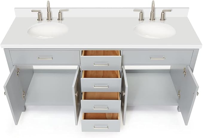 ARIEL Bristol 72-inch Bathroom Vanity with Sink,Solid Wood, 1.5-inch Pure White Quartz Countertop & Backsplash, Double Oval Porcelain Sink, 4 Soft Closing Doors, 4 Dovetail Drawers, Grey