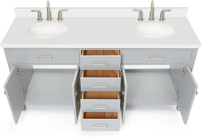 ARIEL Bristol 72-inch Bathroom Vanity with Sink,Solid Wood, 1.5-inch Pure White Quartz Countertop & Backsplash, Double Oval Porcelain Sink, 4 Soft Closing Doors, 4 Dovetail Drawers, Grey