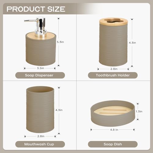 RRM 4 Piece Bamboo Bathroom Accessories Set, Boho Bathroom Decor, Beige