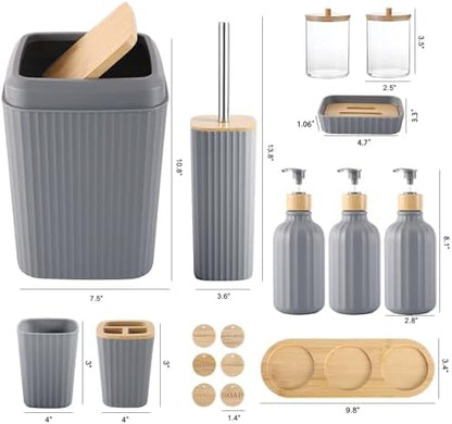 Grey Bathroom Accessories Set 17PCS Bathroom Set with Trash Can 3PCS Lotion Soap Dispenser, Toothbrush Holder, Soap Dish,Tumbler Cup,6PCS Wood Tags Bath Accessories with Tray for Bathroom