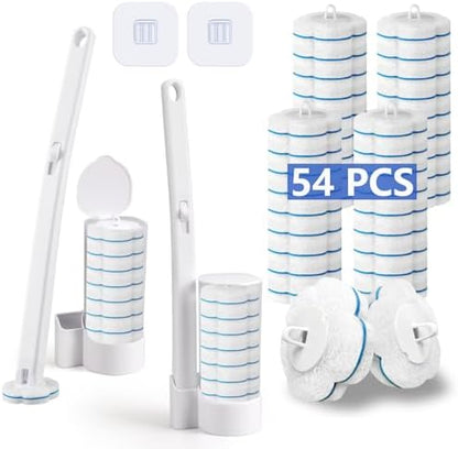 Disposable Toilet Brush and Holder Set 2 Pack，Extended Handle with 54 Cleaner Refills Toilet Brush for Toilet Bowl Cleaners，Bathroom Cleaning，Bathtub，Sink - White