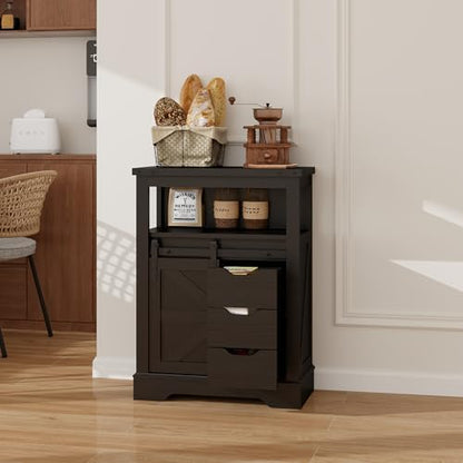 Panana Farmhouse Bathroom Floor Cabinet, Sliding Barn 3 Drawers & 1 Door Freestanding Small Storage Cabinet for Bathroom, Kitchen (Black)
