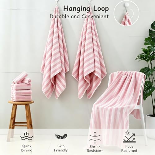 18 Pcs Pink Cabana Stripe Bath Towel Set with Hanging Loop-6 Bath Towels,6 Hand Towels,6 Washcloths Family Towels Soft Microfiber Highly Absorbent Quick Dry Shower Towel for Bathroom Beach Spa Gym