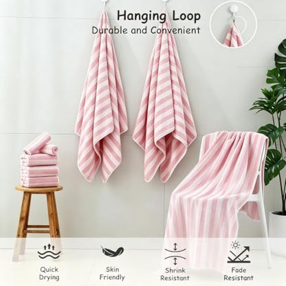 18 Pcs Pink Cabana Stripe Bath Towel Set with Hanging Loop-6 Bath Towels,6 Hand Towels,6 Washcloths Family Towels Soft Microfiber Highly Absorbent Quick Dry Shower Towel for Bathroom Beach Spa Gym
