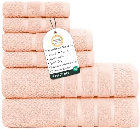 Feather & Stitch 100% Cotton 625 GSM Bath Towel Set of 6, Ultra Soft Highly Absorbent 2 Bath Towels, 2 Hand Towels & 2 Washcloth - Luxury Quick Dry Shower Towels (Pale Peach)
