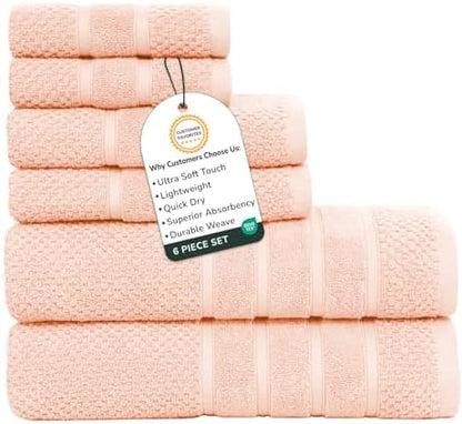 Feather & Stitch 100% Cotton 625 GSM Bath Towel Set of 6, Ultra Soft Highly Absorbent 2 Bath Towels, 2 Hand Towels & 2 Washcloth - Luxury Quick Dry Shower Towels (Pale Peach)