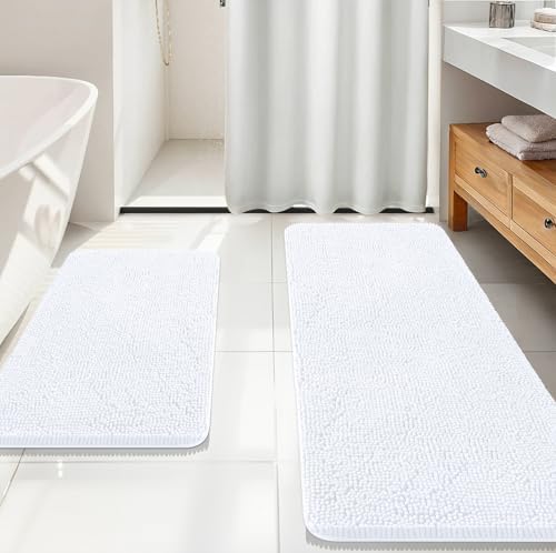 OLANLY Chenille Bathroom Rugs Mats Sets 2 Piece, 59"x20"+30"x20", White