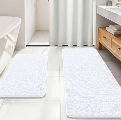 OLANLY Chenille Bathroom Rugs Mats Sets 2 Piece, 59"x20"+30"x20", White
