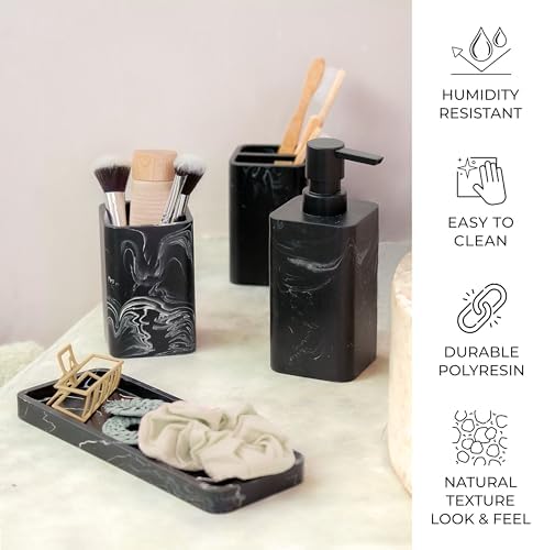 ZCCZ Bathroom Accessory Sets, 4 Pieces Bathroom Accessories Complete Set Vanity Countertop Accessory Set, Includes Lotion Dispenser Soap Pump, Tumbler, Toothbrush Holder and Tray (Black Marble Look)