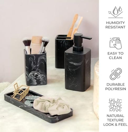 ZCCZ Bathroom Accessory Sets, 4 Pieces Bathroom Accessories Complete Set Vanity Countertop Accessory Set, Includes Lotion Dispenser Soap Pump, Tumbler, Toothbrush Holder and Tray (Black Marble Look)