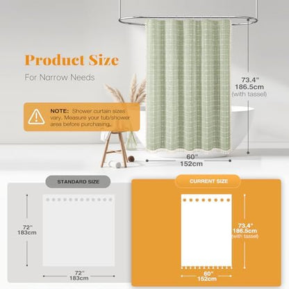 BTTN 60x72 Boho Farmhouse Linen Heavy Duty Shower Curtain Set, Sage Green