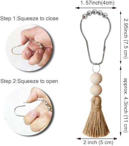 Boho Shower Curtain Hooks Rings Rustproof, CHICTIE Nautical Decorative Shower Curtain Rings with Handmade Wood Beads Tassel, Farmhouse Home Bathroom Bedroom Baby Room Decor Set of 12 (Natural Jute)