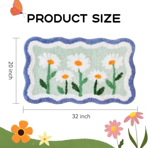TRUEDAYS Daisy Floral Bathroom Rug, Cute Bath Mat for Bathroom, 32”x20” | Scalloped Shape Flower Bath Mat, Soft & Absorbent Tufted Bath Rugs with Non Slip Backing for Farmhouse Cottagecore Decor