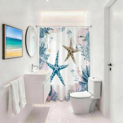Colorful Beach Shower Curtain for Bathroom, Ocean Coastal Theme, 72x72 In