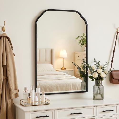 36"x24"﻿ Black Bathroom Scalloped Mirror, Rust-Proof Metal Frame