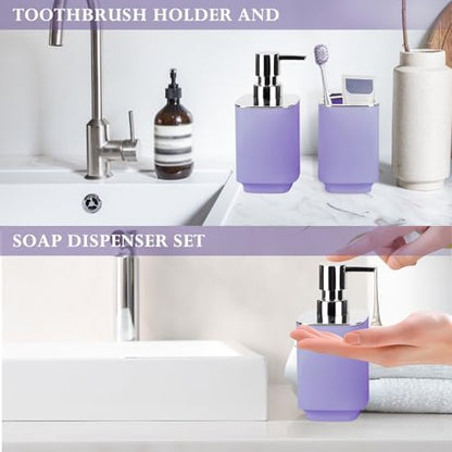 Purple Bathroom Accessories 2 Pcs, Soap Dispenser and Toothbrush Holder Set