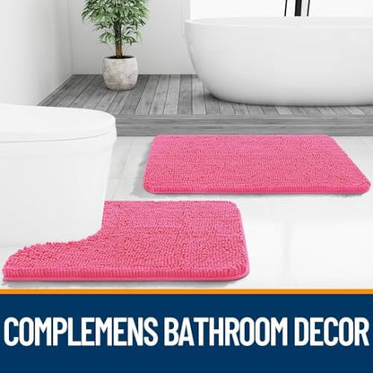 OLANLY Chenille Bathroom Rugs Mats Sets 2 Piece, 47"x20"+30"x20", Hot Pink