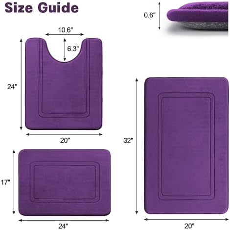 YIHOUSE Memory Foam Bath Mat Set, Bathroom Rugs Sets 3 Pieces, Non Slip Bath Mats for Bathroom, Super Soft and Water Absorbent Bath Rug Set, Machine Washable U Shape Toilet Rug,Purple