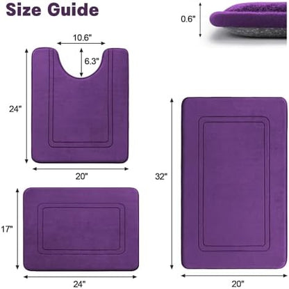 YIHOUSE Memory Foam Bath Mat Set, Bathroom Rugs Sets 3 Pieces, Non Slip Bath Mats for Bathroom, Super Soft and Water Absorbent Bath Rug Set, Machine Washable U Shape Toilet Rug,Purple