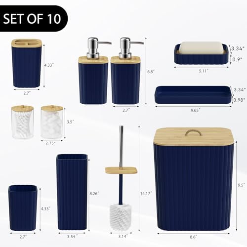 Bathroom Accessories Set - 10PC Bathroom Sets, Navy Blue Bathroom Set, Bathroom Accessories Set, Toilet Brush, Bathroom Trash Can & Soap Dispenser