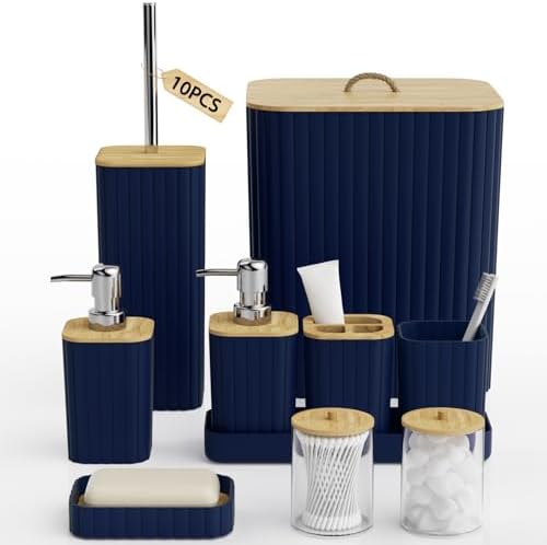 Bathroom Accessories Set - 10PC Bathroom Sets, Navy Blue Bathroom Set, Bathroom Accessories Set, Toilet Brush, Bathroom Trash Can & Soap Dispenser