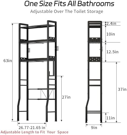 Over the Toilet Storage Shelf 3-Tier Adjustable Bathroom Organizers and Storage Shelves Bathroom Rack Above Toilet Storage with Paper Holder and 4 Hooks Space Saver Storage for Laundry