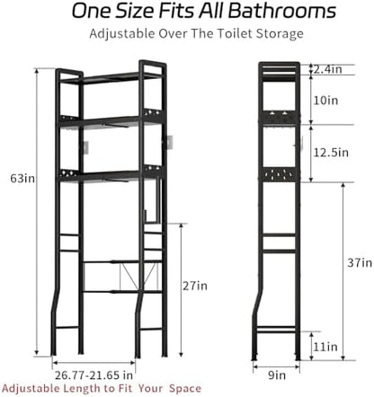 Over the Toilet Storage Shelf 3-Tier Adjustable Bathroom Organizers and Storage Shelves Bathroom Rack Above Toilet Storage with Paper Holder and 4 Hooks Space Saver Storage for Laundry