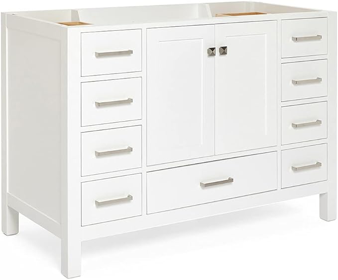 ARIEL Cambridge 48-inch Bathroom Vanity Base Cabinet,Solid Wood, 2 Soft Closing Doors, 9 Dovetail Drawers, White
