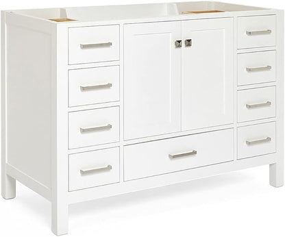 ARIEL Cambridge 48-inch Bathroom Vanity Base Cabinet,Solid Wood, 2 Soft Closing Doors, 9 Dovetail Drawers, White