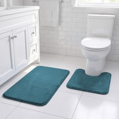 H.VERSAILTEX Bath Mat Memory Foam Flannel Velvety Bathroom Rug Set Luxury Extra Soft and Absorbent Non Slip Rugs (Curved Set 20"x 32" Plus 20"x 20"U, Dark Teal)
