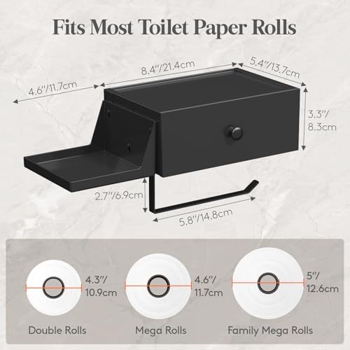 Lifewit Toilet Paper Holder Wall Mount with Shelf & Drawer, Black, 1 Pack
