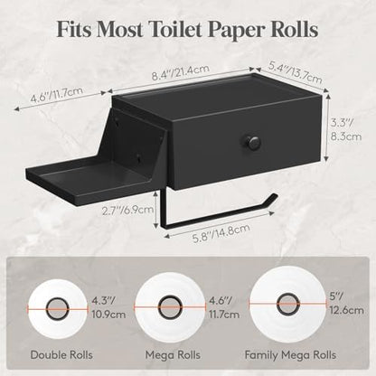 Lifewit Toilet Paper Holder Wall Mount with Shelf & Drawer, Black, 1 Pack