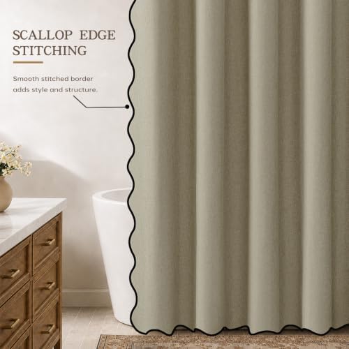 Furlinic Scalloped Shower Curtain 72x75 No Hook Taupe Boho Linen Fabric