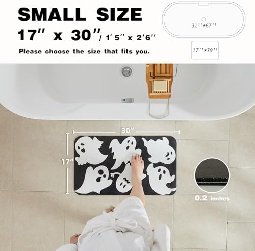 TYUU Thin Halloween Bath Mat, Non-Slip Washable, 17x30 Black Ghosts