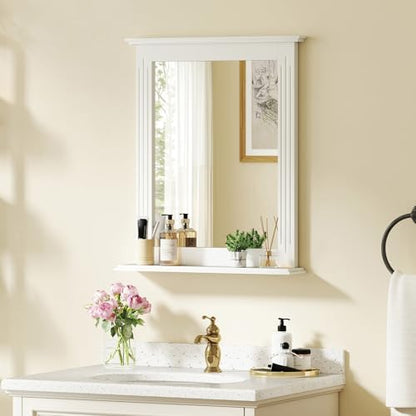 CHARMAID Bathroom Mirror with Shelf - 27" x 22.5" Wall Mirror Over Bathroom Sink, Wooden Frame Modern Rectangular Hanging Vanity Makeup Mirrors for Washroom, Entryway (White,27" L x 22.5" W)