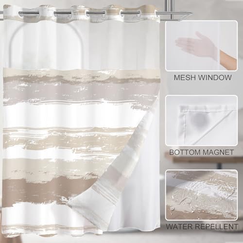 No Hook Shower Curtain with Liner, Brown Stripe, 71x74 Inch