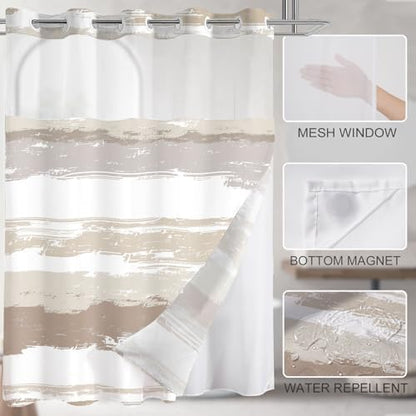 No Hook Shower Curtain with Liner, Brown Stripe, 71x74 Inch