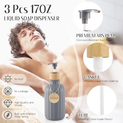 32PCS Grey Bathroom Accessories Set with Shower Curtain,Rugs,Trash Can,3PCS Lotion Soap Dispenser, Toothbrush Holder, Soap Dish,Tumbler Cup,6PCS Wood Tags Bath Accessories with Tray for Bathroom
